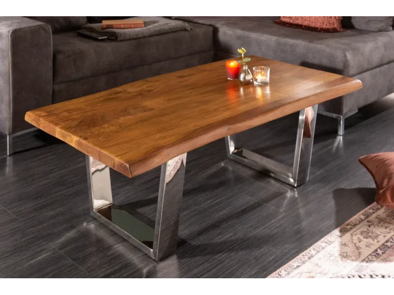 Table basse moderne 110cm coloris naturel et chromé en bois massif pas cher