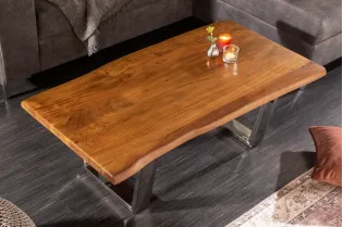 Table basse moderne 110cm coloris naturel et chromé en bois massif pas cher 2