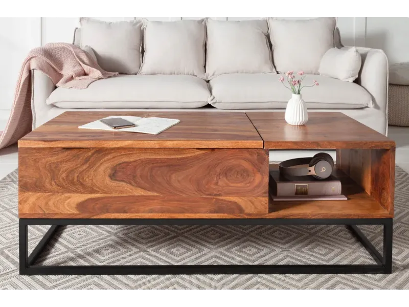 Table basse moderne 110cm coloris naturel et chromé en bois massif pas cher