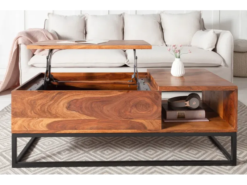 Table basse moderne 110cm coloris naturel et chromé en bois massif pas cher