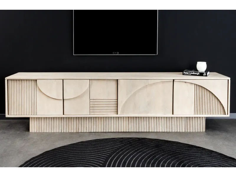 Meuble TV ART DÉCO 200 cm – Bois de manguier blanchi 3D