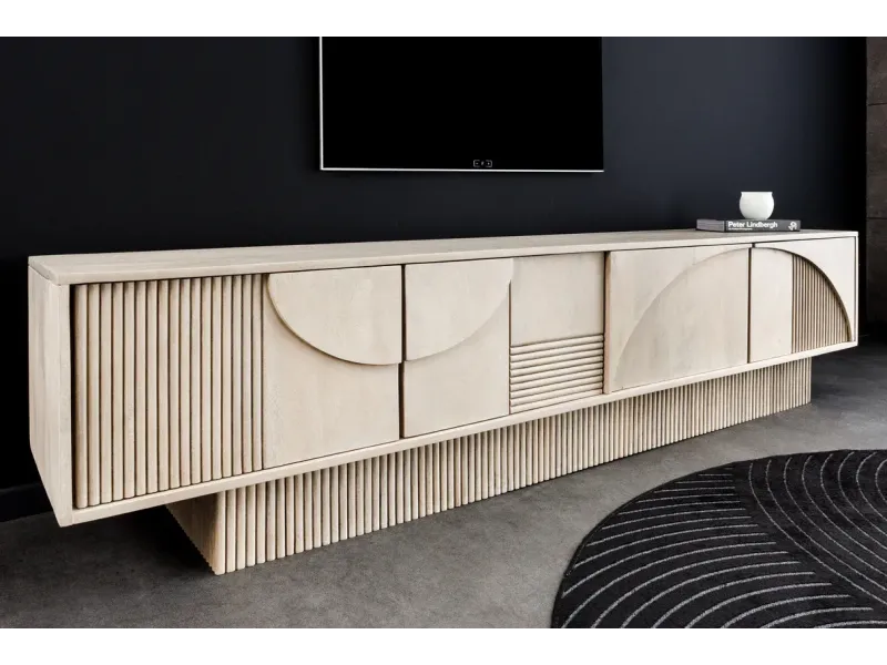 Meuble TV ART DÉCO 200 cm – Bois de manguier blanchi 3D