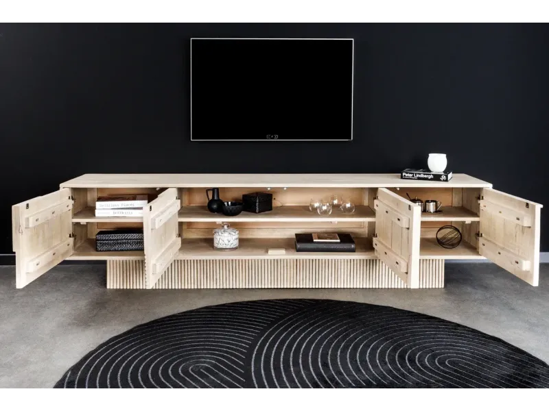 Meuble TV ART DÉCO 200 cm – Bois de manguier blanchi 3D