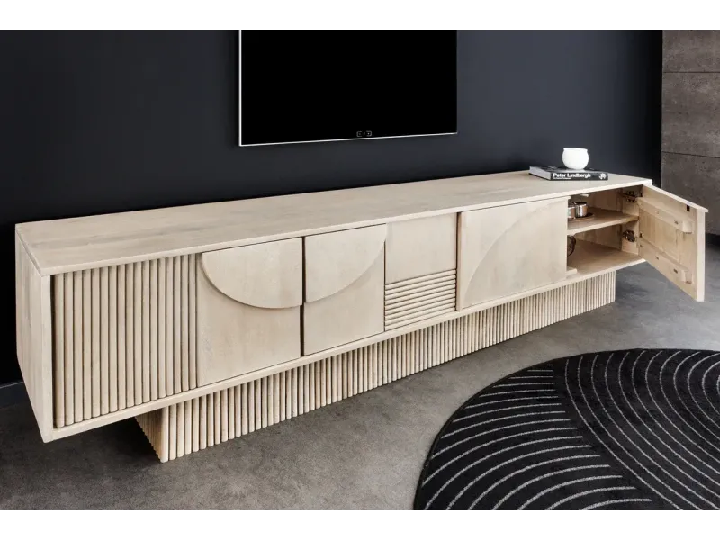 Meuble TV ART DÉCO 200 cm – Bois de manguier blanchi 3D