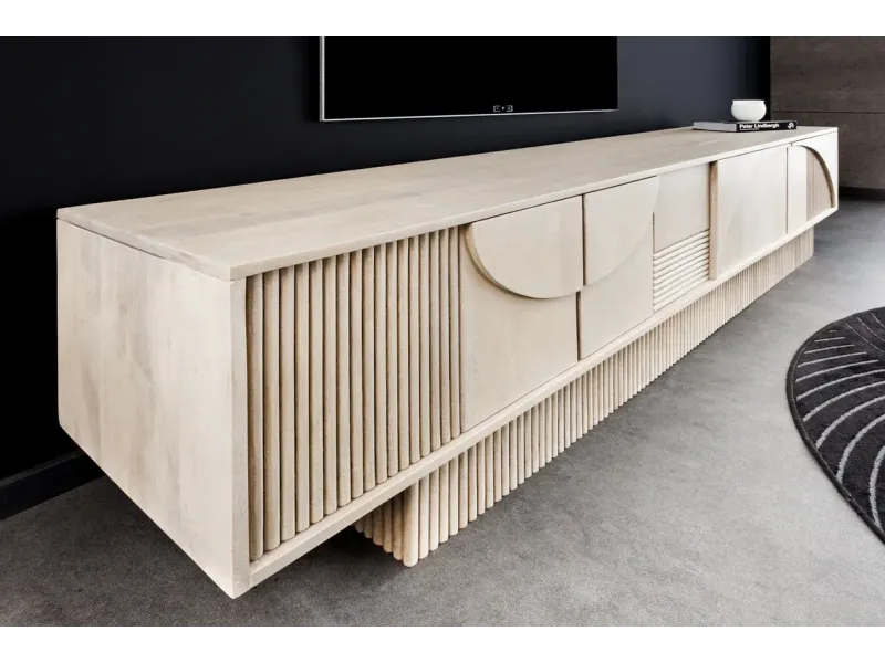 Meuble TV ART DÉCO 200 cm – Bois de manguier blanchi 3D