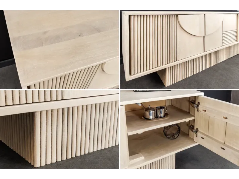 Meuble TV ART DÉCO 200 cm – Bois de manguier blanchi 3D