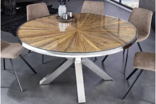Table à Manger Ronde en Teck et Verre – Élégance Naturelle et Design Chromé Ø120 cm
