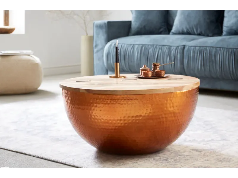 Table basse Orient Rangement Cuivre 60cm Ronde Bois d'Acacia Massif