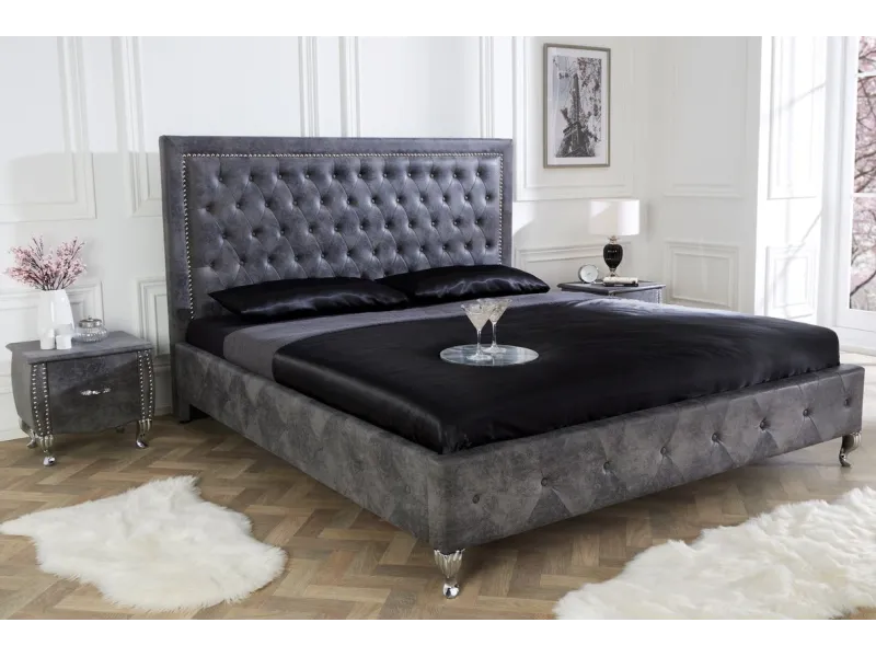 Lit design 180x200cm avec rivets de velours gris antique