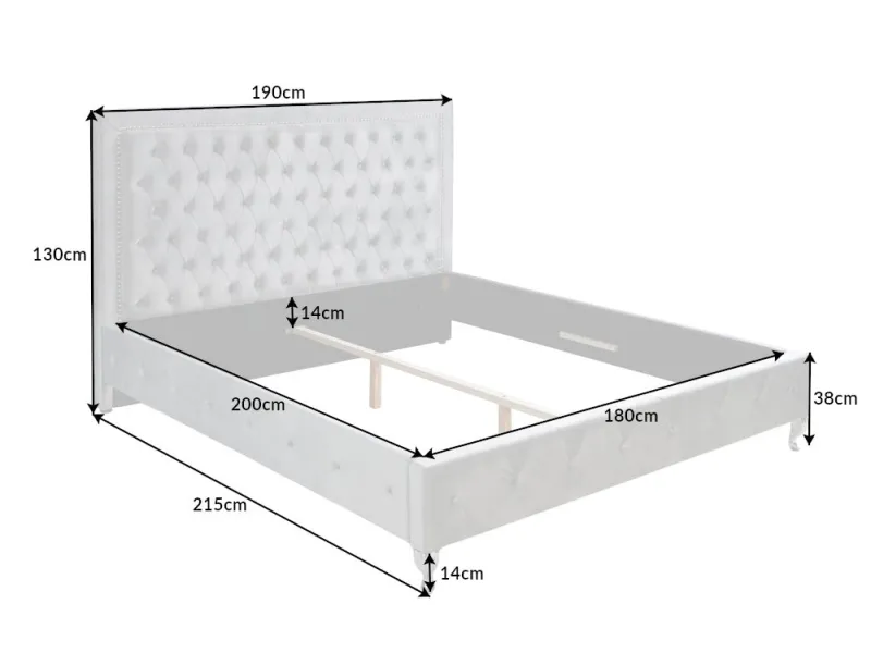 Lit design 180x200cm avec rivets de velours gris argent