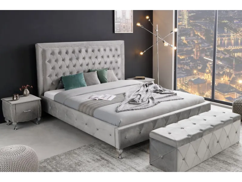 Lit design 180x200cm avec rivets de velours gris argent