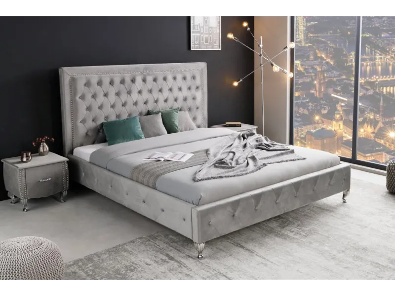 Lit design 180x200cm avec rivets de velours gris argent
