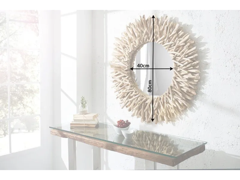 Miroir rond en bois flotté – Miroir mural bois flotté naturel 80 cm