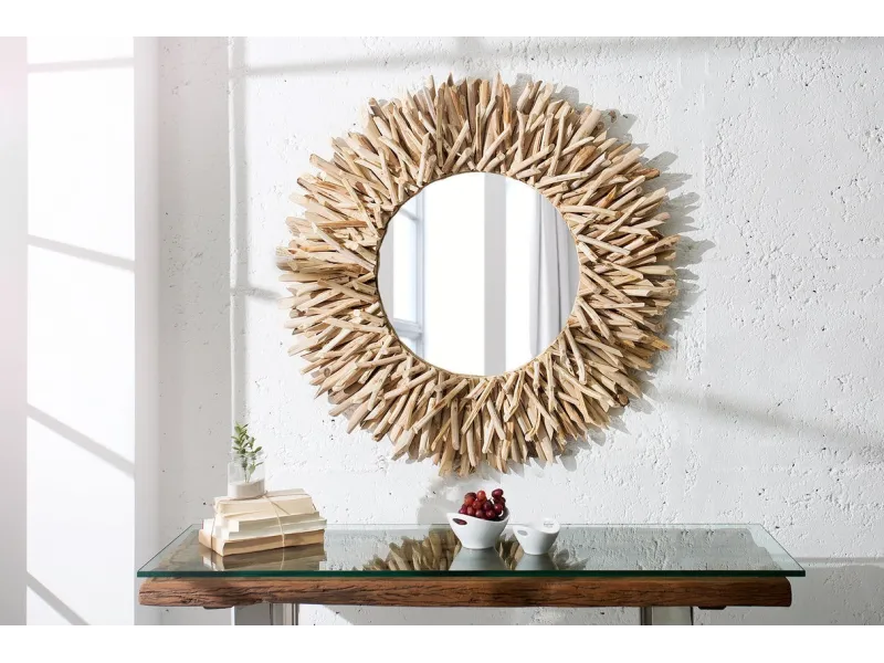 Miroir rond en bois flotté – Miroir mural bois flotté naturel 80 cm