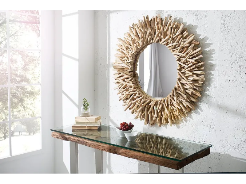 Miroir rond en bois flotté – Miroir mural bois flotté naturel 80 cm