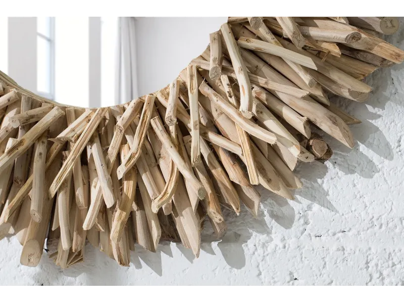 Miroir rond en bois flotté – Miroir mural bois flotté naturel 80 cm