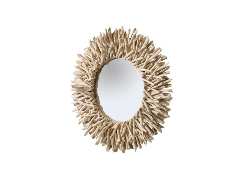 Miroir rond en bois flotté – Miroir mural bois flotté naturel 80 cm