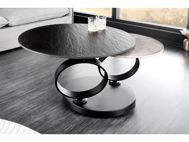 Table Basse Rotative DANCING RINGS 80-134cm – Élégance Polyvalente en Céramique Noire et Grise