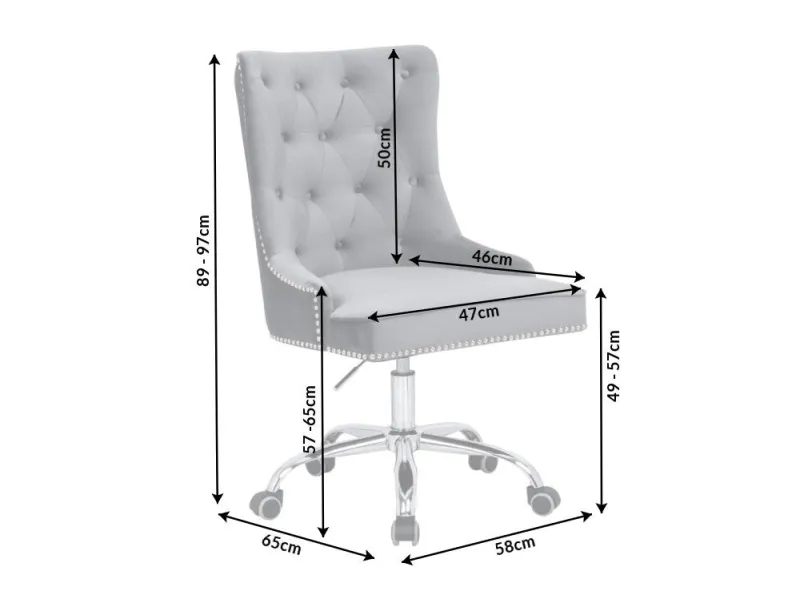 Chaise de bureau VICTORIAN 49-57cm - Élégance Baroque en Velours Gris Argenté