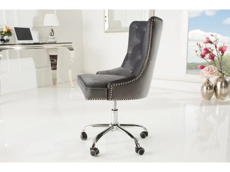 Chaise de bureau VICTORIAN 49-57cm - Élégance Baroque en Velours Gris Argenté