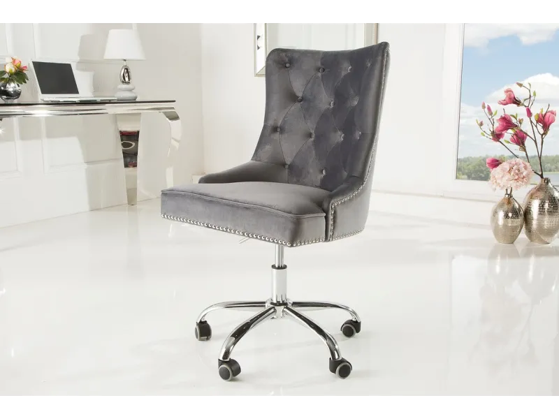 Chaise de bureau VICTORIAN 49-57cm - Élégance Baroque en Velours Gris Argenté
