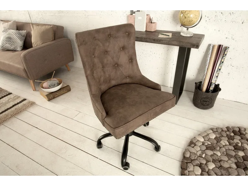 Chaise de bureau VICTORIAN 49-57cm - Style Chesterfield en Microfibre Marron Clair