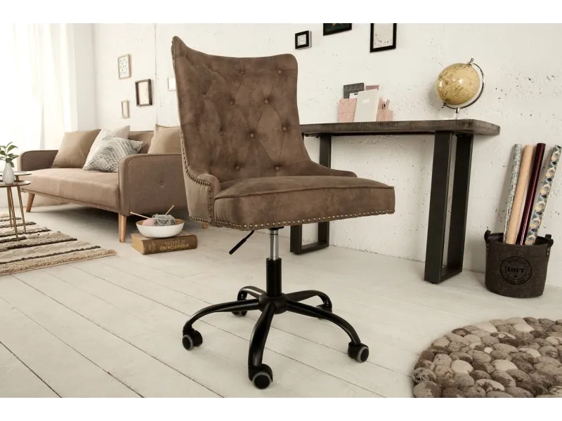 Chaise de bureau VICTORIAN 49-57cm - Style Chesterfield en Microfibre Marron Clair