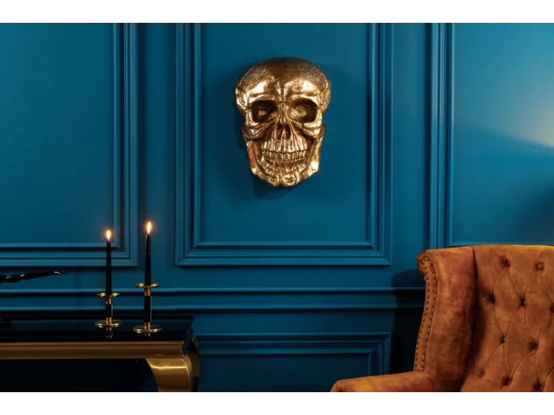 Sculpture murale design crâne humain en aluminium coloris doré Figu...
