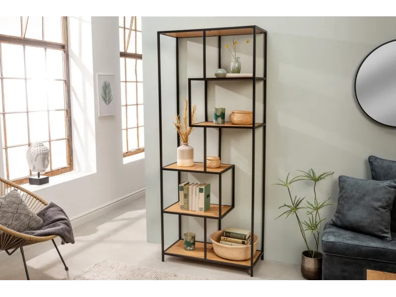 Bibliothèque design industriel coloris naturel en bois acacia massi...