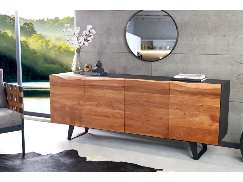 Buffet / Enfilade Pas Cher Oeuvre Organique 180cm – Bois d'Acacia et Métal Noir