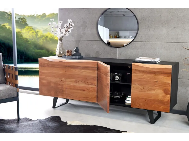 Buffet / Enfilade Pas Cher Oeuvre Organique 180cm – Bois d'Acacia et Métal Noir