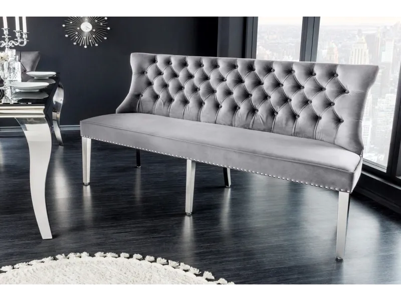 Canapé Banquette en Velours Gris - Style Baroque