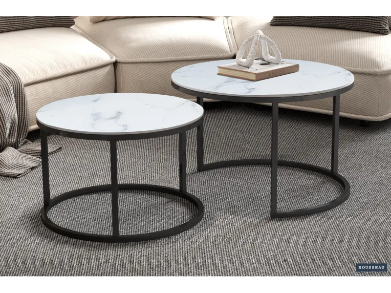 Pas cher Lot de tables basses rondes style industriel en bois massif laqué