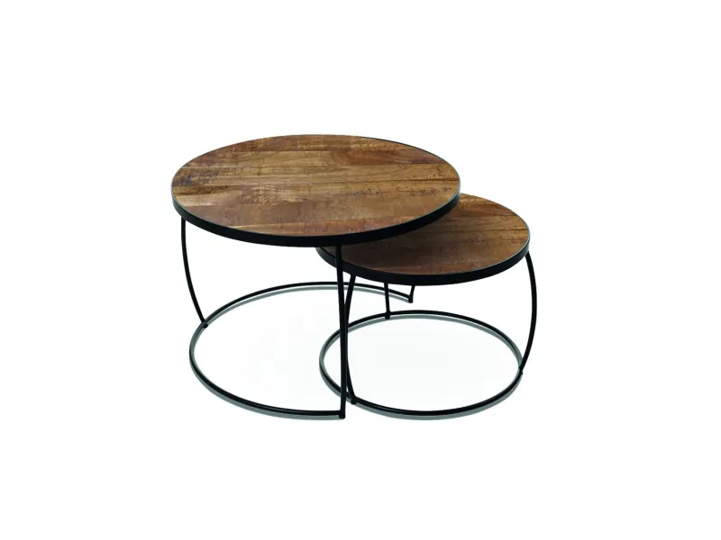 Pas cher Set de 2 tables basses rondes style industriel en bois vieilli
