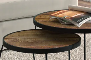 Pas cher Set de 2 tables basses rondes style industriel en bois vieilli 2
