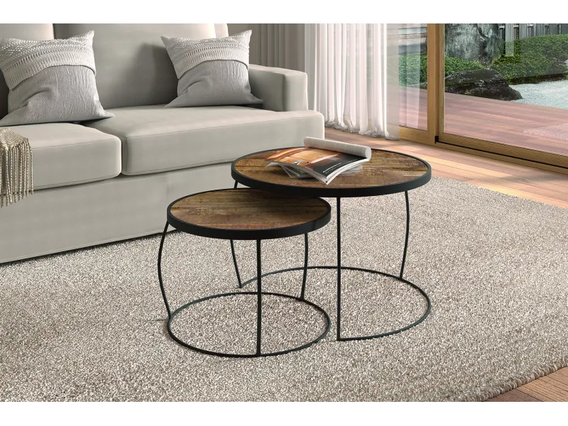 Pas cher Set de 2 tables basses rondes style industriel en bois vieilli