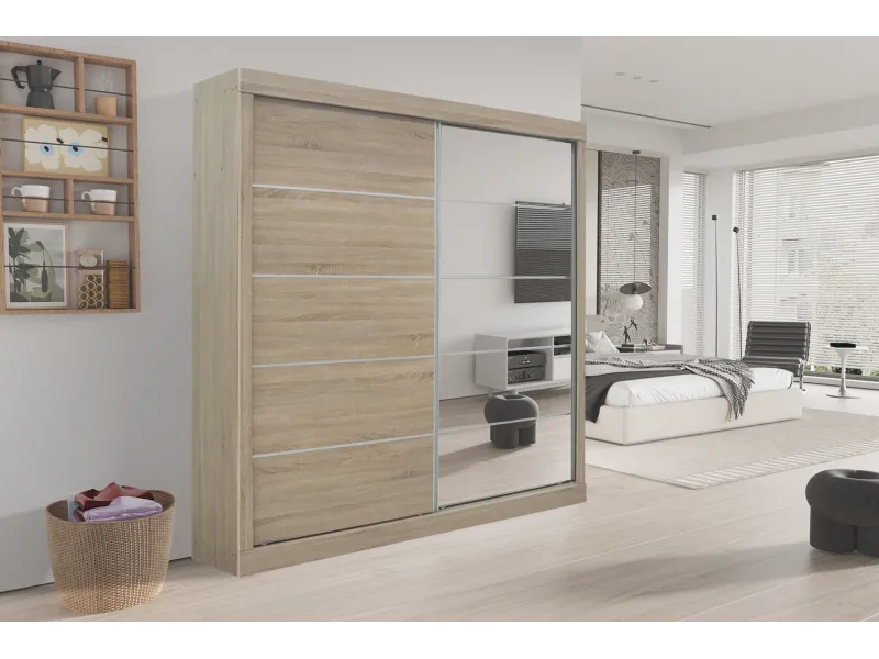 Armoire 'Mike' à 2 portes coulissantes avec 1 porte miroir – Finition Sonoma