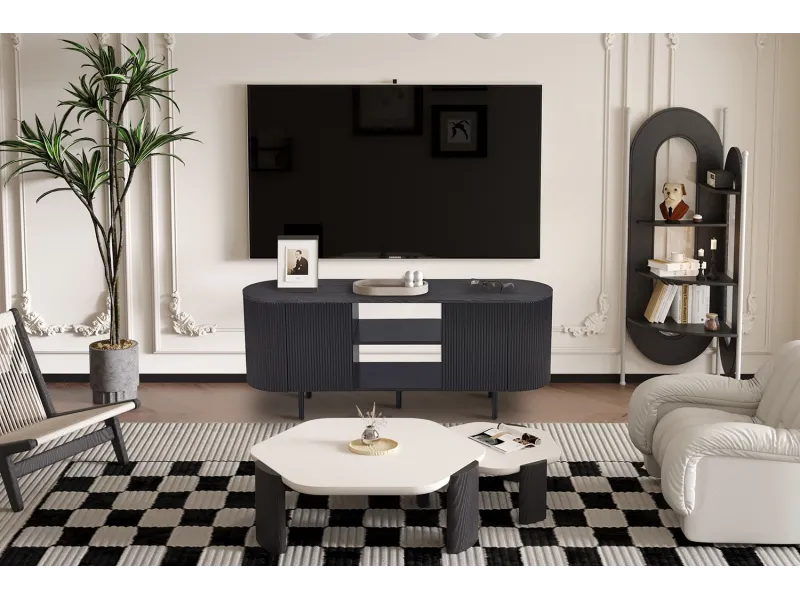 Meuble TV design |Meuble TV/HIFI blanc laqué, 2 tiroirs |adeniahome.com