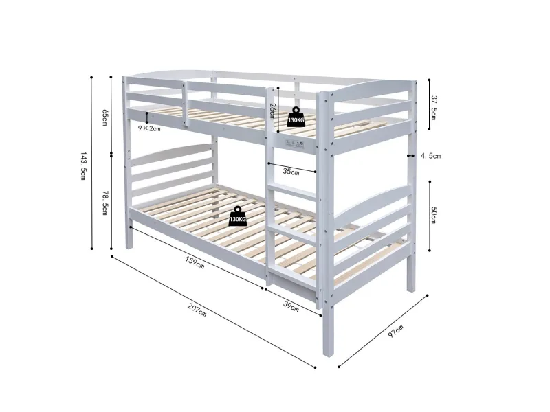 Lit superposé “Roy” 90x200 cm divisible – Pin massif blanc, solide et modulable