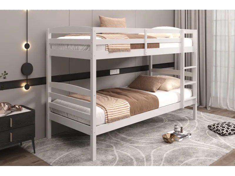 Lit superposé “Roy” 90x200 cm divisible – Pin massif blanc, solide et modulable