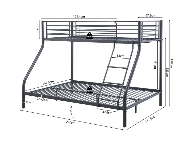 Lit superposé “Trio” métal 140/90x200 cm – Gris foncé, gain de place et solidité assurée