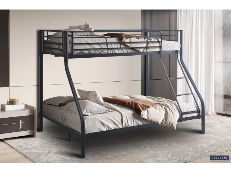 Lit superposé “Trio” métal 140/90x200 cm – Gris foncé, gain de place et solidité assurée