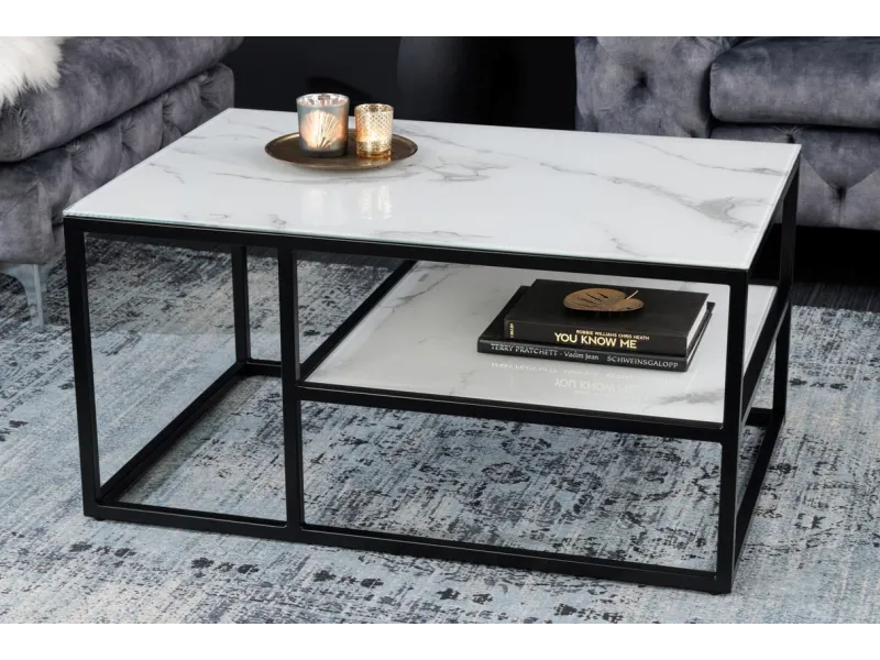 Table Basse en Verre de Sécurité avec Structure en Métal Noir