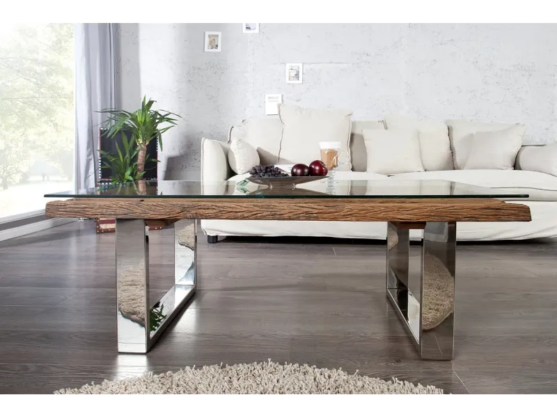 Table Basse en Bois Massif Recyclé au Style Rustique avec plateau en verre