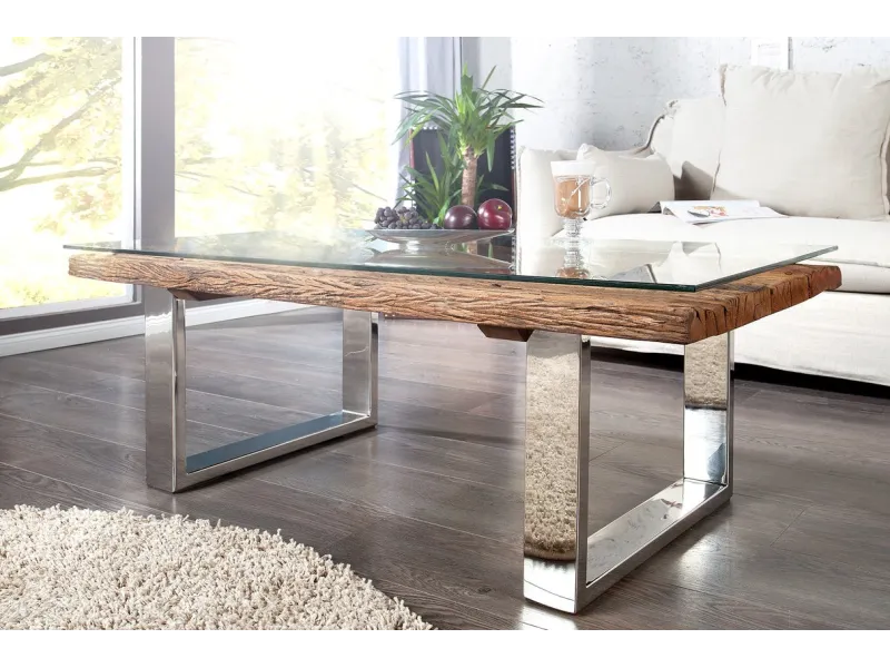 Table Basse en Bois Massif Recyclé au Style Rustique avec plateau en verre