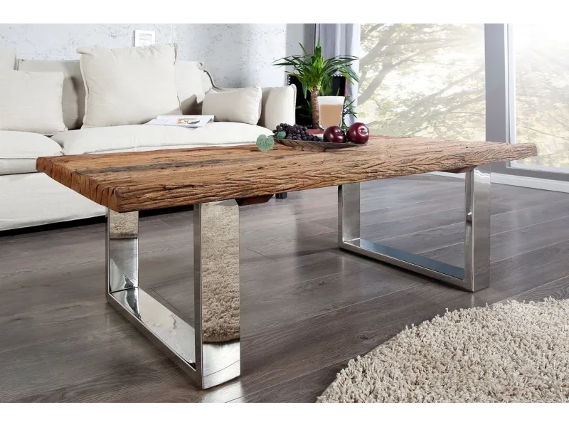 Table Basse en Bois Massif Recyclé au Style Rustique avec plateau en verre