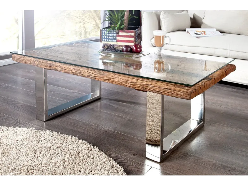 Table Basse en Bois Massif Recyclé au Style Rustique avec plateau en verre
