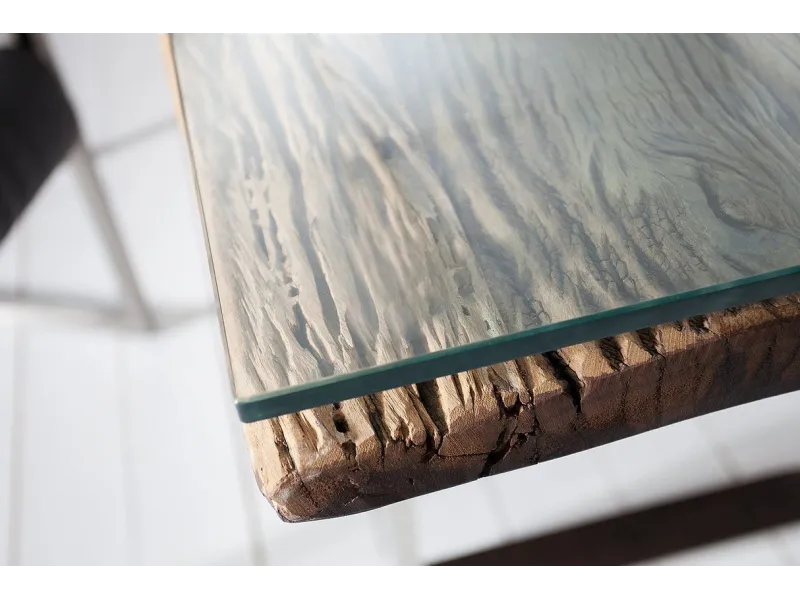 Table Basse en Bois Massif Recyclé au Style Rustique avec plateau en verre
