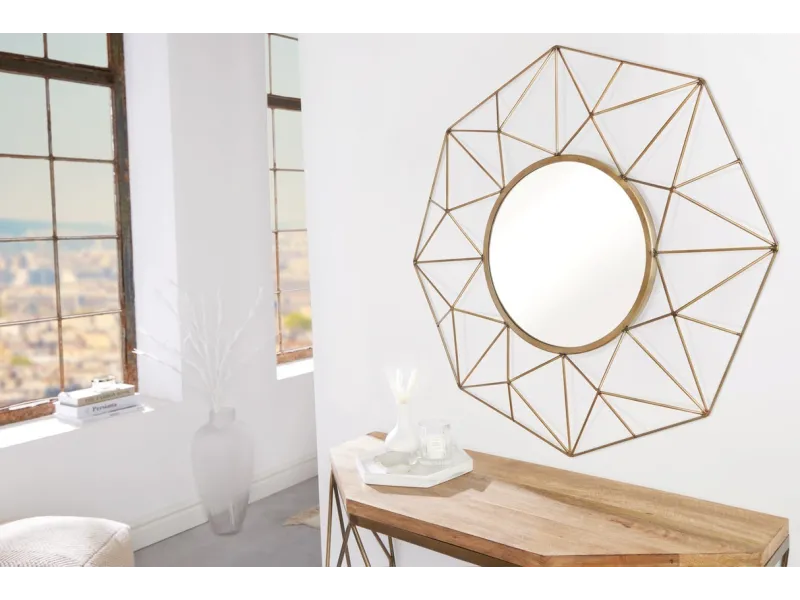 Miroir Rond avec Cadre Polygone en Fil de Laiton - Fabriqué à la Main - 90cm