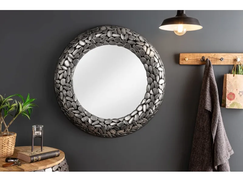 Miroir Rond avec Cadre Mosaïque de Pierre coloris argent - Fait Main